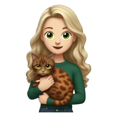White girl with green eyes and long wavy brown hair holding a tortoiseshell cat and wearing a dark red sweater with dark jeans sticker