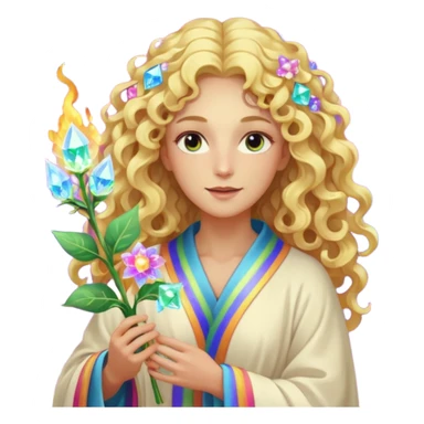 a being made of light pleidian nordic long faces and curly blond hair but beautiful features of light with a robe on made of light and who is lanky holding a bouquet of crystal flowers on rainbow fire sticker