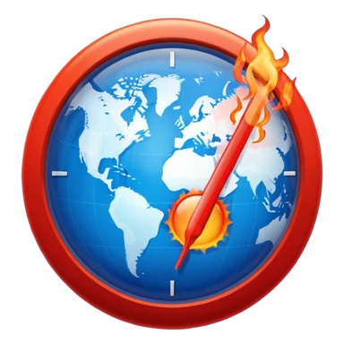 Blue Earth sphere, tilted. Prominent, oversized, fiery red thermometer/gauge, embedded. Indicator peaking 'danger' zone. Stylized orange/red heat waves/wisps rising from top half. Strong blue/red contrast sticker