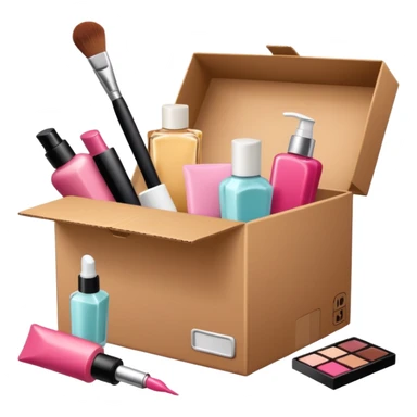 a cardboard box with assorted beauty products like compact, lotion, and nail polish spilling out sticker
