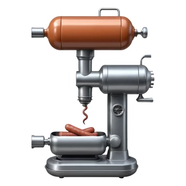 sausage-processing droid. retro-futuristic style. top is a circular industrial meat grinder with rotating gears and blades. Two robotic arms feed material into grinder. Sausage links extrude from the rear like  factory. The body is metallic, compact, and floats above the ground.no legs. Dark humor sticker
