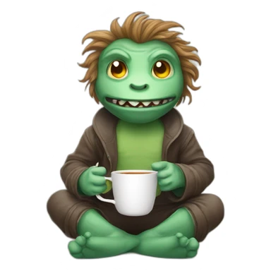 A cartoony creature sitting on floor with a cup of tea motioning  and beckoning the viewer to sit next to him sticker