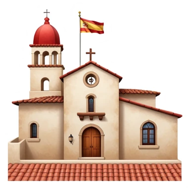Spanish mission style house with bell tower and arches, displaying a Spanish flag (red-yellow-red horizontal stripes) hanging from a window sticker