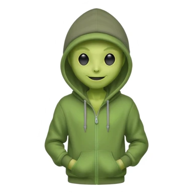green alien in gray hoodie full height, wear hoodie hat, happy sticker