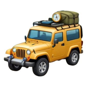 Icon for Expeditions: a compass, a map, a backpack and a rugged expedition jeep, set against a backdrop of snowy mountains, sand dunes and tropical islands. The icon should capture the spirit of adventure and exploration in diverse landscapes. Transparent background. sticker