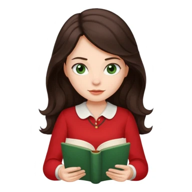 Long wavy dark brown haired, white skinned, dark green eyed girl in red blouse reading a book sticker