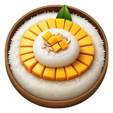 cinematic-realistic-mango-sticky-rice-dessert-emoji,-showcasing-sweet-sticky-rice out of a mould-paired-with-ripe-mango-slices-and-coconut-milk-rendered-with-lifelike-detail-and-warm,-inviting-lighting with the coconut  milk over the rice sticker