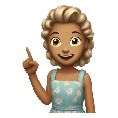 8 year old girl with buzzed hair wearing a sundress pointing and laughing at something sticker