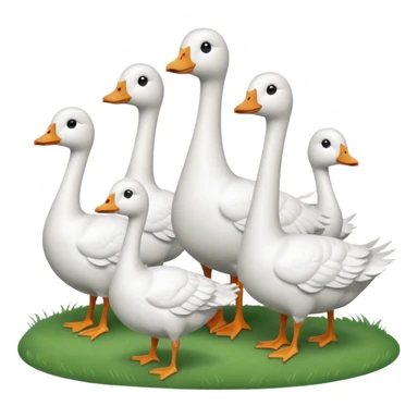 9 white geese standing on a green hill, front view, foggy, all looking in different directions, one is on the top  sticker