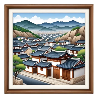 Cinematic Realistic Bukchon Hanok Village Landmark Emoji, depicted with traditional Korean houses set against a scenic backdrop rendered with detailed textures and warm, inviting lighting. sticker
