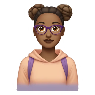 girl with tortoise shell square glasses, straight brown hair in a low bun, peach skin, and beige and purple sweatshirt sticker