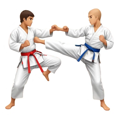 Two karate fighters in traditional gi sparring. One executes a high kick aimed at the opponent’s head, while the other blocks with a strong hand defense. The background features a classic dojo with wooden flooring and banners. Dynamic motion and focused expressions. Transparent background. sticker