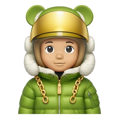 bearbrick with lime balaclava and logo tags, wearing large mirrored monolens ski visor shield covering entire upper face like sports goggles, puffy jacket with fur trim, gold chains sticker