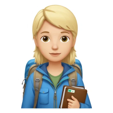 blonder haired Traveler character with passport, backpacker,  sticker