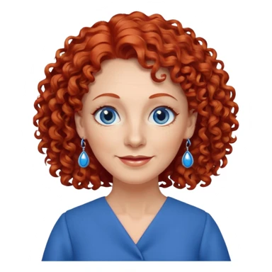una profesora mayor simpática con el pelo rojo rizado, ojos azules, vestido azul y pendientes azules sticker
