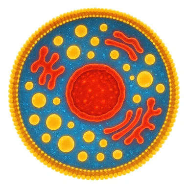 Zelle, deren Inhalt leuchtet in verschiedenen Farben (z. B. blau für Wasser, rot für Proteine, gelb für Lipide sticker