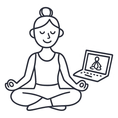 hand-drawn outlined icon of a yoga teacher with a laptop sticker