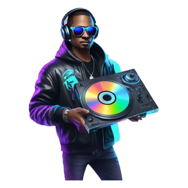 A dj wearing sunglasses playing music holding a cd record record, vinyl, oilslick holographic blacklight inverted graffiti dark dull sticker