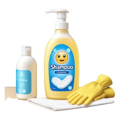 emoji of big (1L) bottle of shampoo, disposable gloves and cotton pads (for makeup) are standing on a table, products look like its always running out, add brand labels to them, make quantity bigger , and i want to see more disposable products, without faces sticker