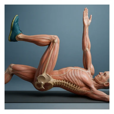 Edit the image of a man in dead bug position, side view, hyperrealistic anatomical 4K version: the arm on the ground is fully extended above the head, pelvis and spine bones visible, translucent muscles and skin, medical atmosphere, realistic anatomical details. Variant 8, slightly change the rotation of the torso. sticker