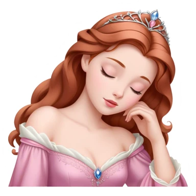 Cinematic Elegant Sleeping Beauty Portrait Emoji, rendered in a realistic, vector-style with minimal shading and bold, simplified shapes. Depict Aurora (Sleeping Beauty) (chest and above) with delicate porcelain skin, soft auburn hair styled gracefully, and gentle, dreamy eyes, dressed in her classic pink gown. The image glows with a soft, enchanting radiance and high shine, capturing timeless regal beauty. sticker