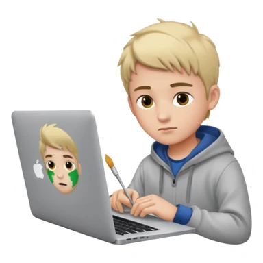 boy working in Macbook, he is graphic designer and paint artist sticker