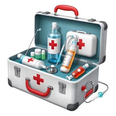 An icon featuring a medical suitcase with a red cross, a bottle of pills, a stethoscope, and a syringe, symbolizing medicine. The design includes a thermometer, bandages, representing healthcare and medical treatment. Transparent background highlights the science of healing. sticker