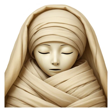 A snug, cozily wrapped mummy, fully encased in soft, slightly loose bandages, even its face gently hidden behind folds with only a tiny glimpse of sleepy eyes, nestled in warm, faded tones with gentle golden accents, simplified yet irresistibly charming, highly detailed with a soft glowing outline capturing the peaceful aura of an ancient being drifting into rest! sticker
