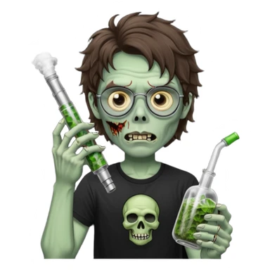 short wavy brown haired zombie getting stoned with weed t shirt and bong on his hand and wearing black chrome hearts bifocals sticker