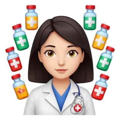 girl with pharmacy badge, dark hair, dark eyes, surrounded by medicine bottles, radiant sunny expression sticker