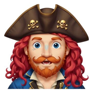 pirate with long curly red hair, blue eyes, strong nose and a chin dimple winking and licking his mouth seductively, no facial hair sticker