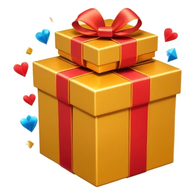 3D emoji style illustration of a big golden gift box with a shiny orange ribbon, a red off-road SUV car jumping out of the box, bright glowing orange background, small playing cards and sparkles flying around, no text, high resolution, square image sticker