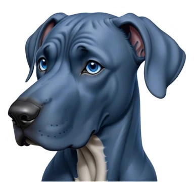 Cinematic Noble Blue Great Dane Portrait Emoji, Poised and regal, with a towering, muscular build and a sleek, well-groomed deep blue Fur, deep-set soulful steel-blue eyes, Simplified yet sharp and sophisticated features, highly detailed, glowing with a cool, dignified glow, high shine, intelligent and commanding, stylized with an air of majesty, focused and attentive, soft glowing outline, capturing the essence of a watchful and authoritative guardian, so majestic it feels as though it could stride out of the screen with effortless authority! sticker