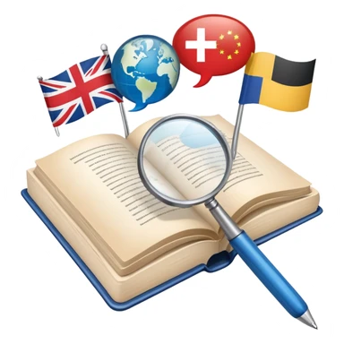 An icon featuring an open book, a pen, and speech bubbles, symbolizing philology and linguistics. The design includes alphabet letters, a magnifying glass, and flags of different countries, representing global languages and communication. Transparent background highlights language study. sticker