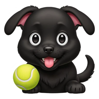 Cute emoji-style illustration of a happy black dog playing with a tennis ball, shiny black fur, joyful expression with tongue out, big expressive eyes, playful pose, vibrant colors, smooth clean lines, high resolution, sticker-style, transparent background sticker