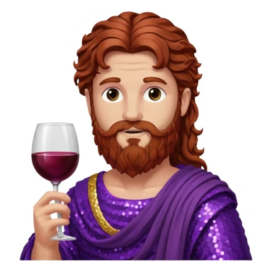 Liber, God of Wine from Roman Deities with long reddish brown wavy hair and beard, purple sequin toga  sticker
