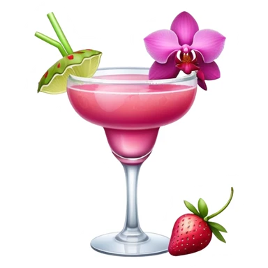 Pink margarita in a round cup with a strawberry on the rim and a orchid flower as garnish sticker