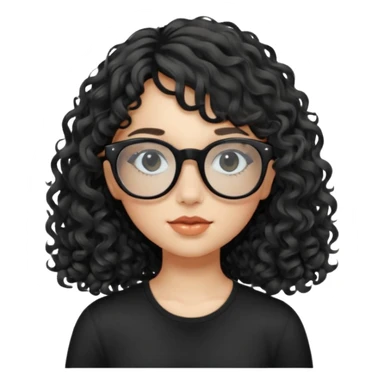 create a frontend girl that has a round face long curly hair with a side curtain bangs and wears black square rayban glasses doesnt smile with her teeth and white sticker