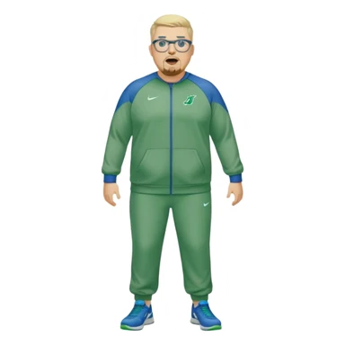 Full Body white male plus size wearing glasses with a goatee with light blonde and gray very short hair yelling head Coach in blue and green Nike dry sweat suit sticker