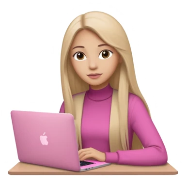 Mujer lacia peli larga y peli larga  en una MacBook rosa investigando y haciendo tareas con un libro de apuntes y con cara muy linda como modelo sticker