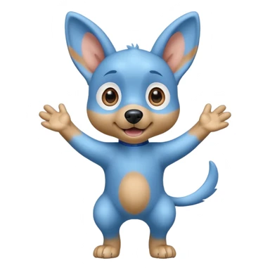 A cartoon blue dog with large eyes and upright ears, standing on two legs with arms wide open in surprise or excitement. The dog is light blue with darker blue patches and has a tan snout and inner ears. The expression is playful and energetic sticker