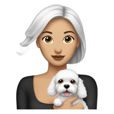 mujer piel blanca cabello negro con chongo y perro bichon maltés blanco sticker