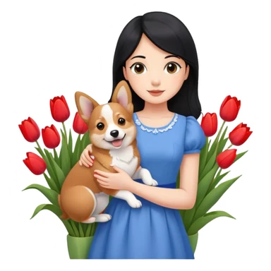 Girl Black hair Brown eyes Blue dress Corgi Pet Tulp Flowers Spring Cute sticker