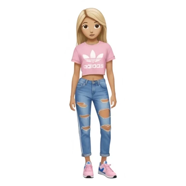 preppy teenage girl, tan, blonde highlights, brown long hair, long eyelashes, beach aesthetic, wearing cute clothes, sexy, wearing ripped blue long baggy jeans with a light pink revealing crop top, wearing Somba Adidas sticker