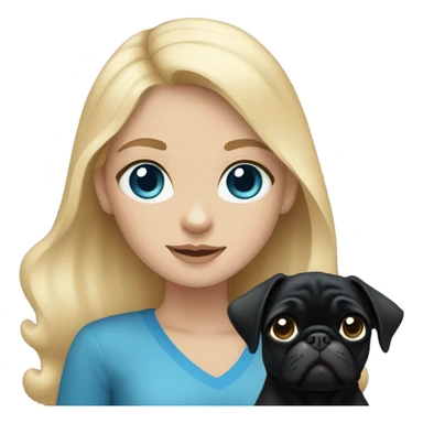 Girl with blonde hair and blue eyes holding a black pug sticker