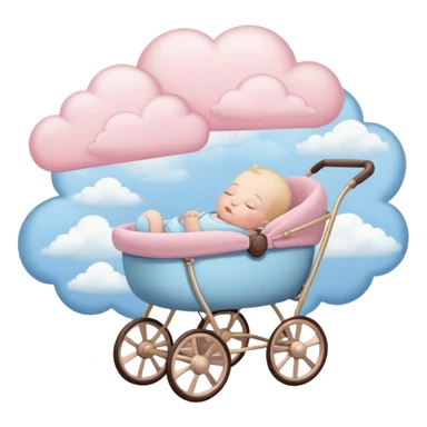 sleeping baby with closed eyes in pink and beige stroller with pastel blue clouds around it sticker