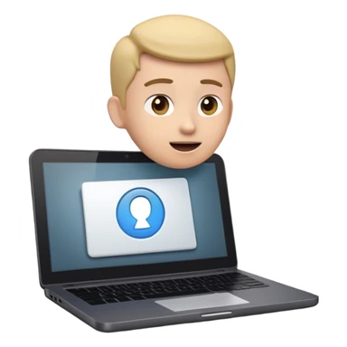 A dark-colored laptop with the screen open. From the screen, a person is emerging, giving a lecture or teaching. The person should look expressive and in a teaching pose. Soft shadows, semi-3D emoji style, clean background. video course sticker