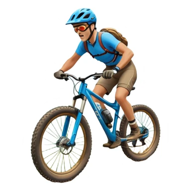 An icon featuring a mountain bike with thick tires on a rugged trail. A cyclist in a helmet rides downhill, kicking up dust. The background showcases a breathtaking mountain landscape with green slopes, rocky peaks, and a bright blue sky. Transparent background emphasizes adventure and speed sticker