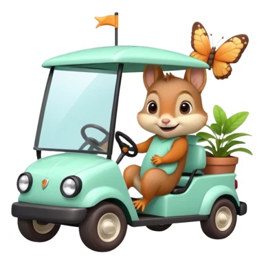 High-quality 3D Pixar-style mint green golf cart speeding in bright courtyard, driven by a super-cute smiling baby squirrel, glossy fur, big eyes, vibrant colors, smooth shading, butterflies, potted plants, bright daylight. sticker