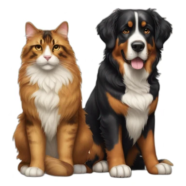 A Bernese dog next to A tortoiseshell cat without white sticker